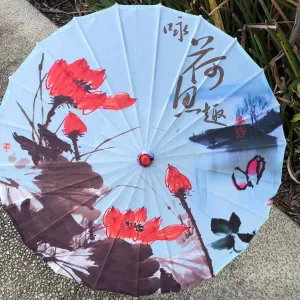 Nylon Parasol - Red lotus flowers in blue water