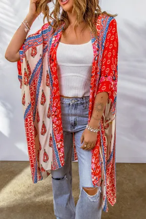 Printed Dolman Sleeve Open Front  Kimono