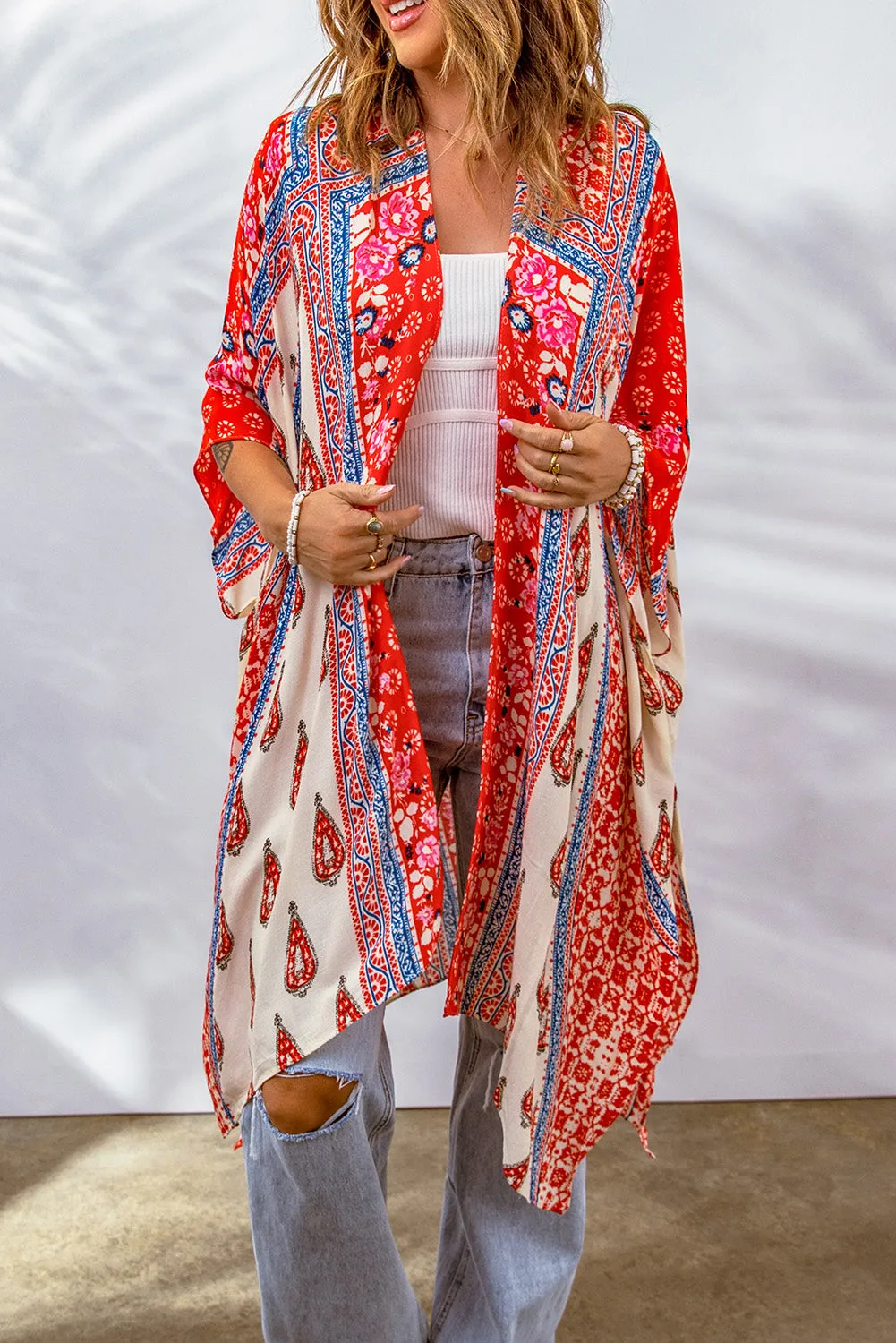 Printed Dolman Sleeve Open Front  Kimono