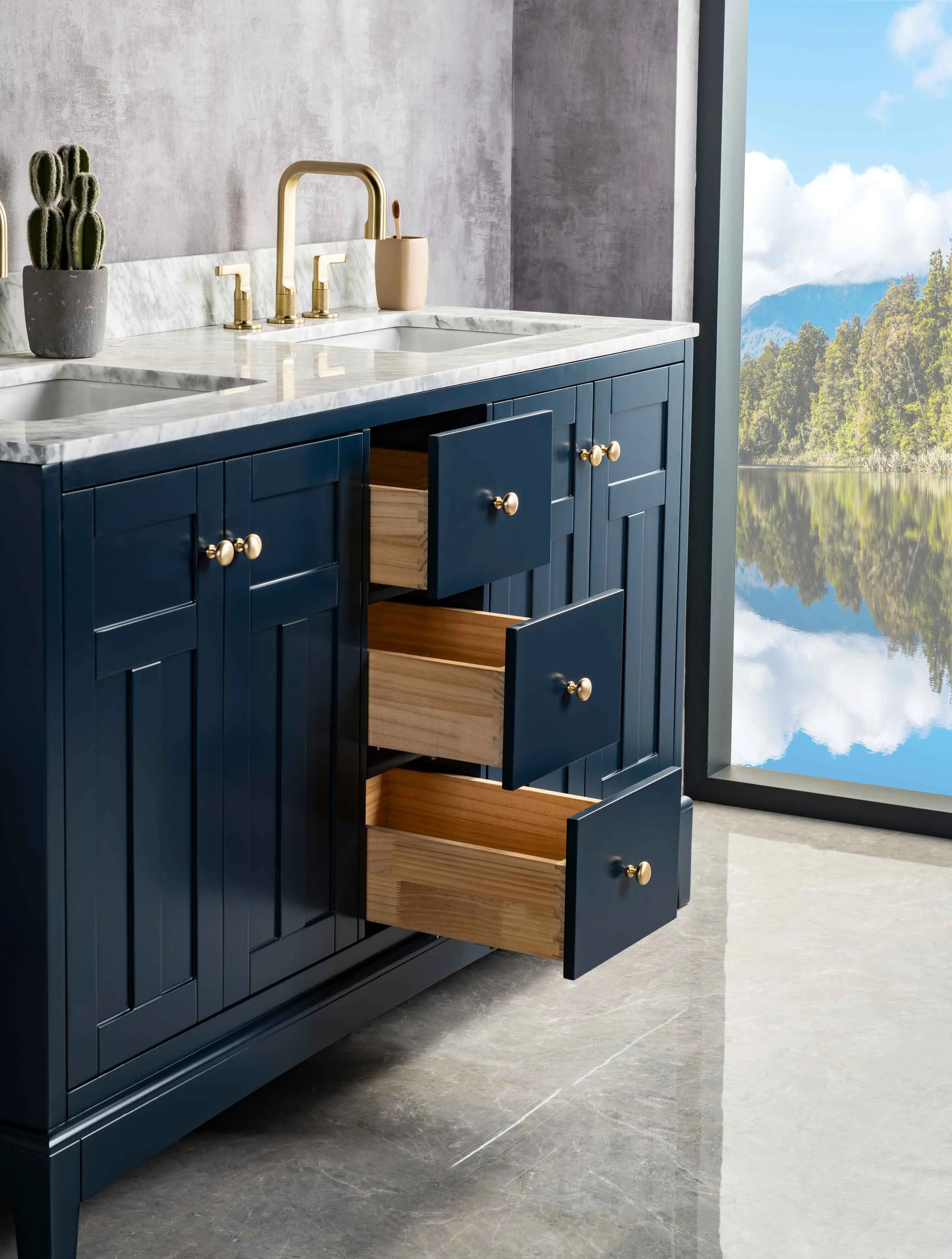 Rubeza 1500mm Pergamum Vanity Unit with Carrara Marble Top - Dark Blue & Gold