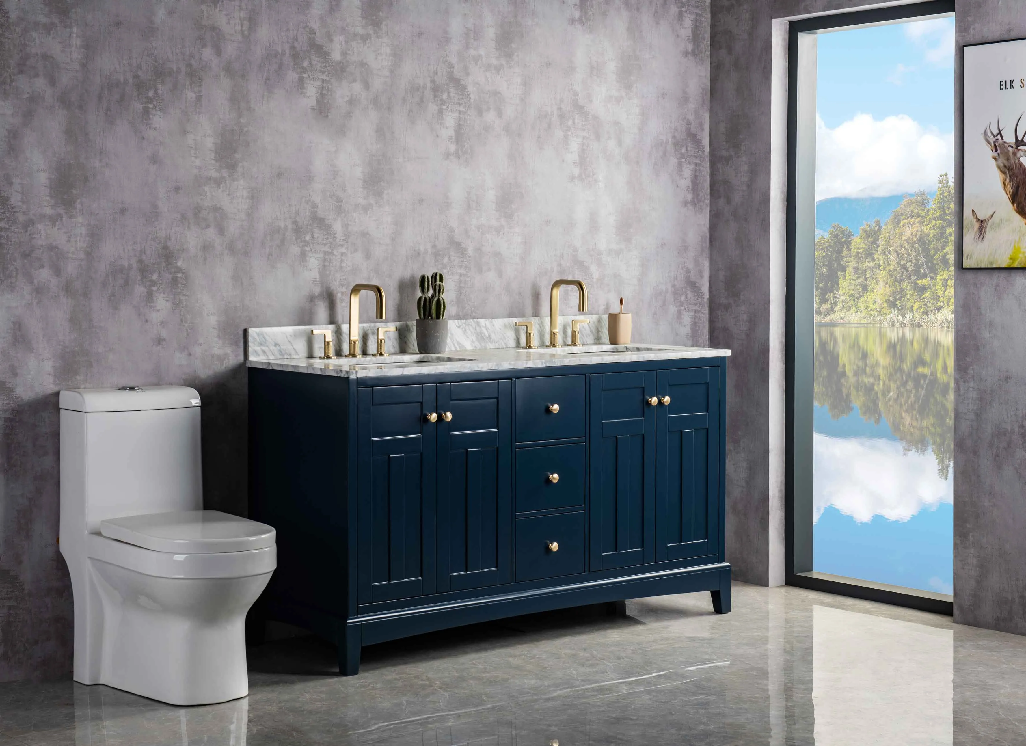 Rubeza 1500mm Pergamum Vanity Unit with Carrara Marble Top - Dark Blue & Gold