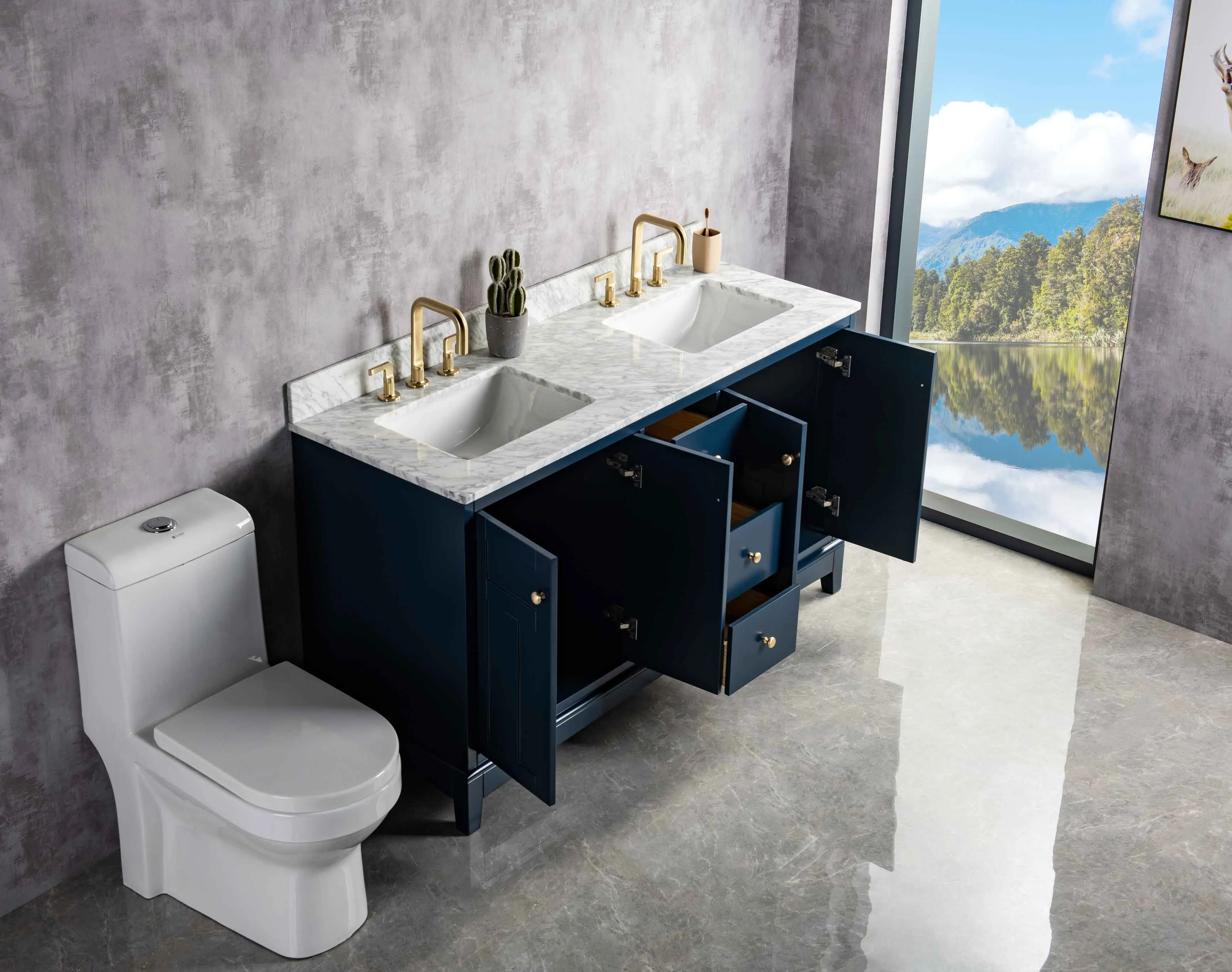 Rubeza 1500mm Pergamum Vanity Unit with Carrara Marble Top - Dark Blue & Gold