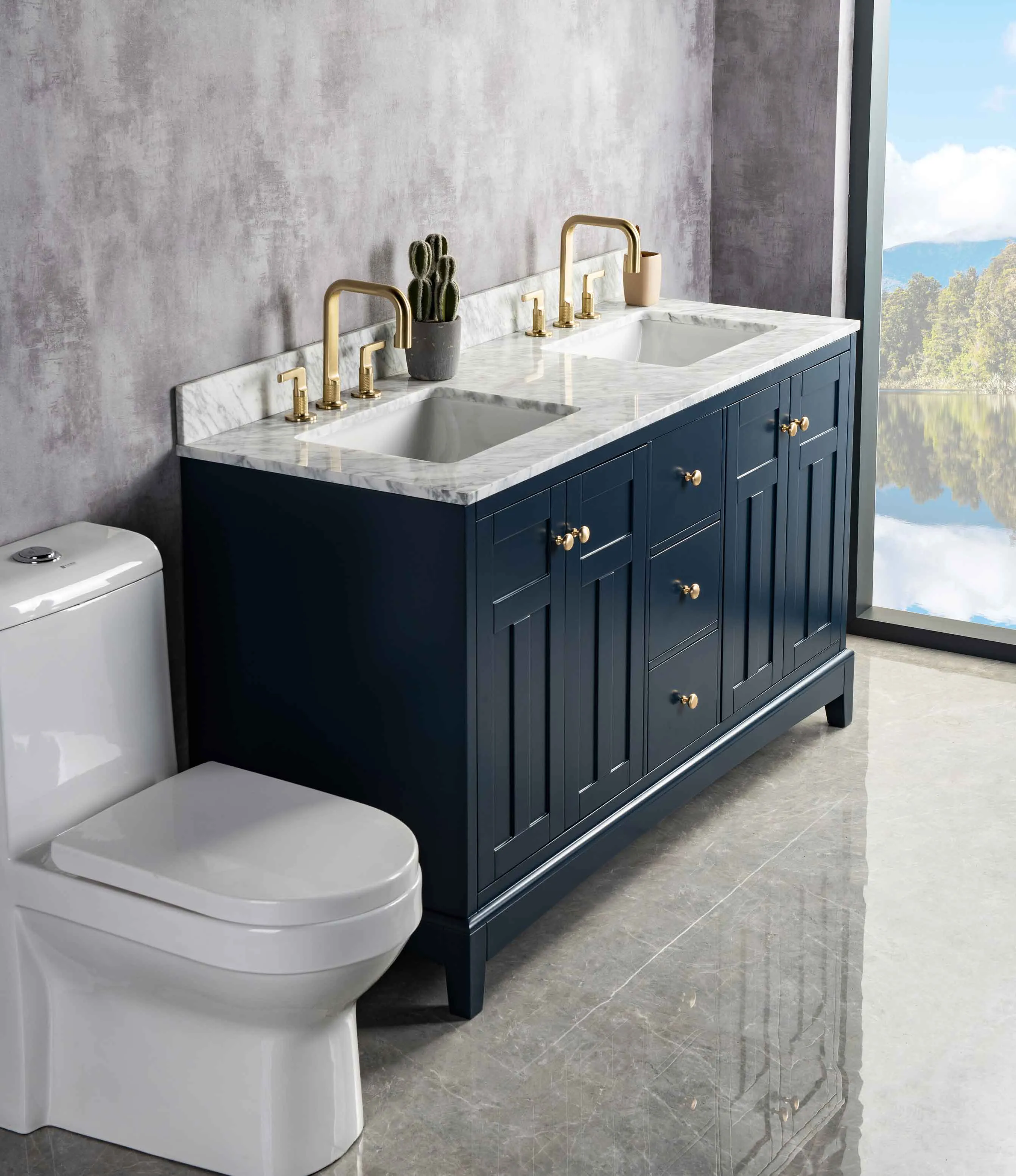 Rubeza 1500mm Pergamum Vanity Unit with Carrara Marble Top - Dark Blue & Gold