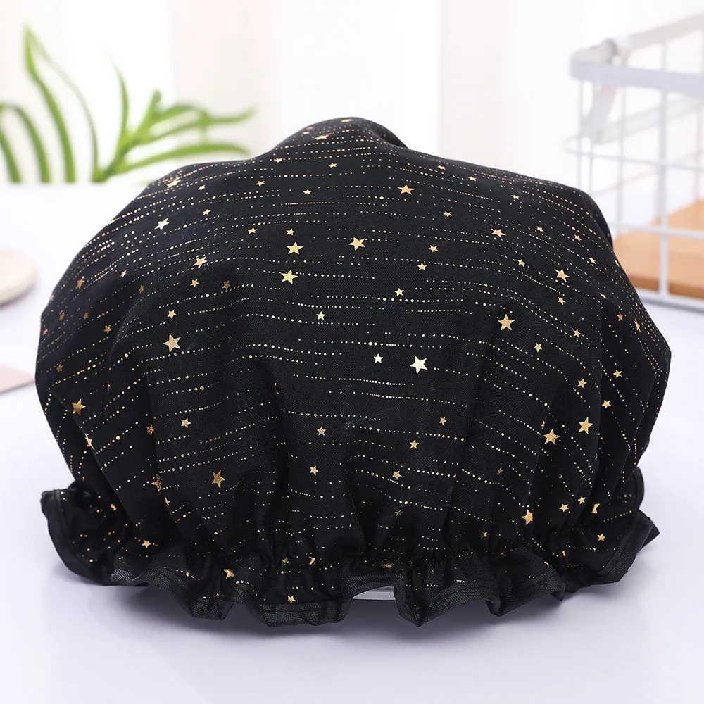 Waterproof Hot Stamping Printed Polyester-Cotton Double-Layer Shower Cap, HG0024