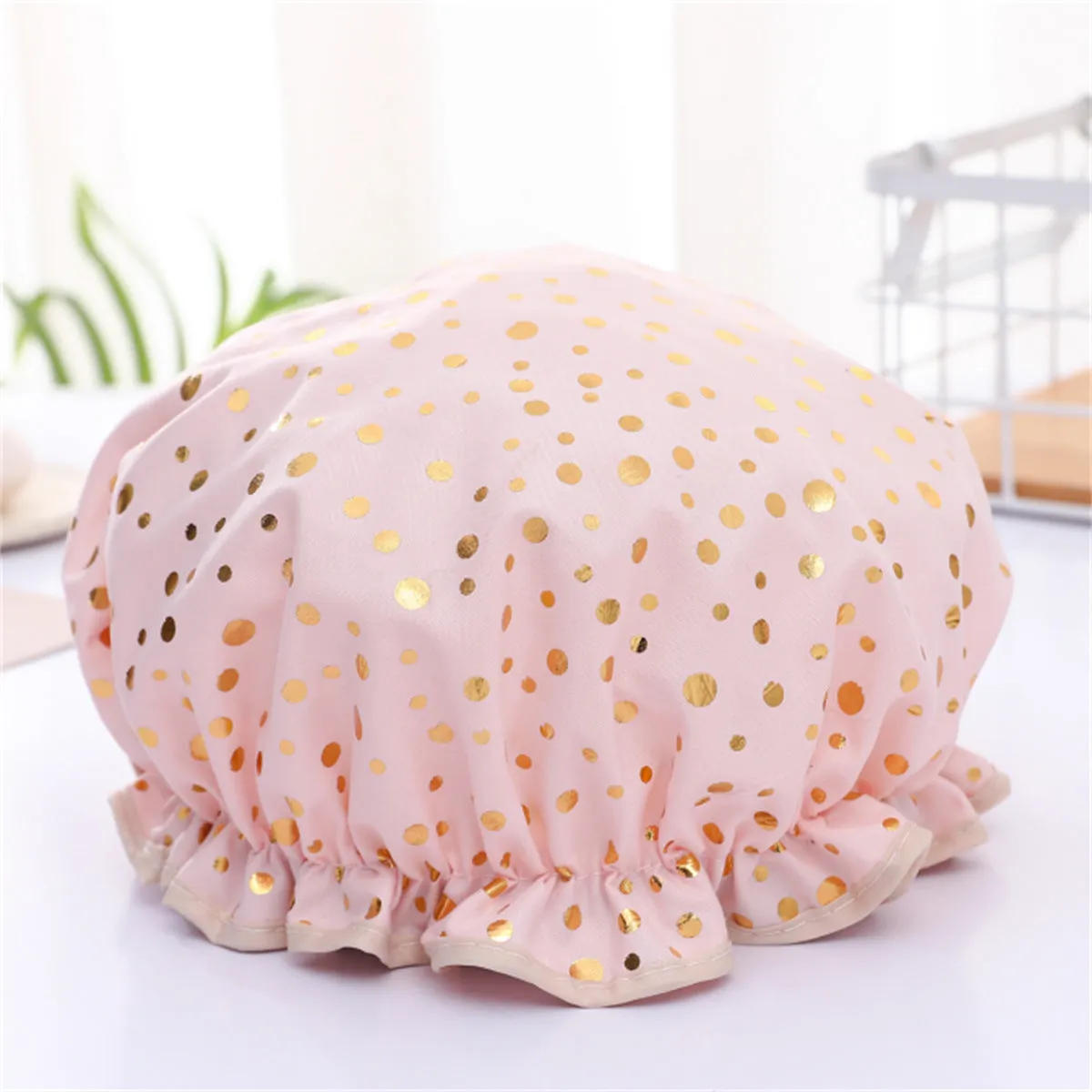 Waterproof Hot Stamping Printed Polyester-Cotton Double-Layer Shower Cap, HG0024