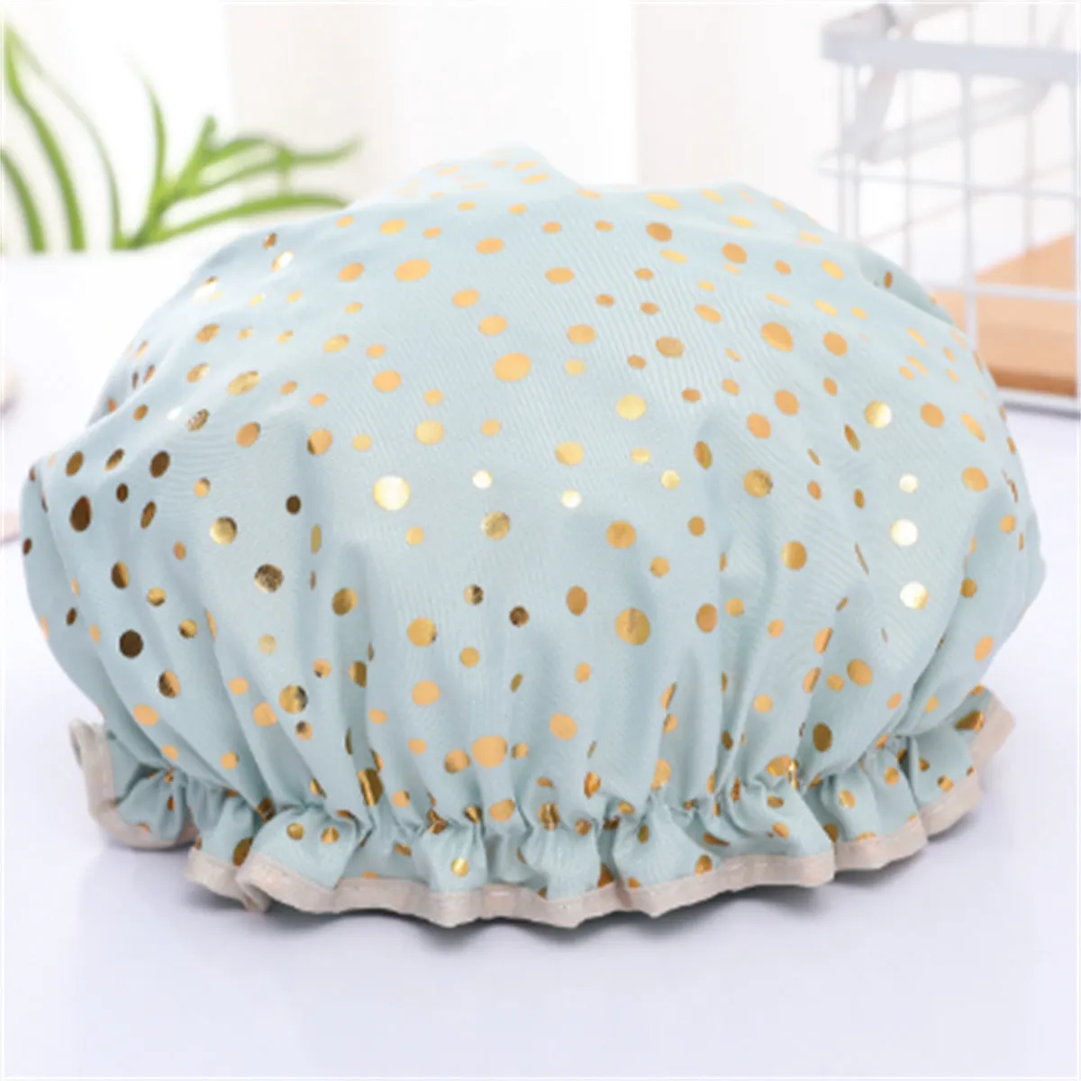 Waterproof Hot Stamping Printed Polyester-Cotton Double-Layer Shower Cap, HG0024